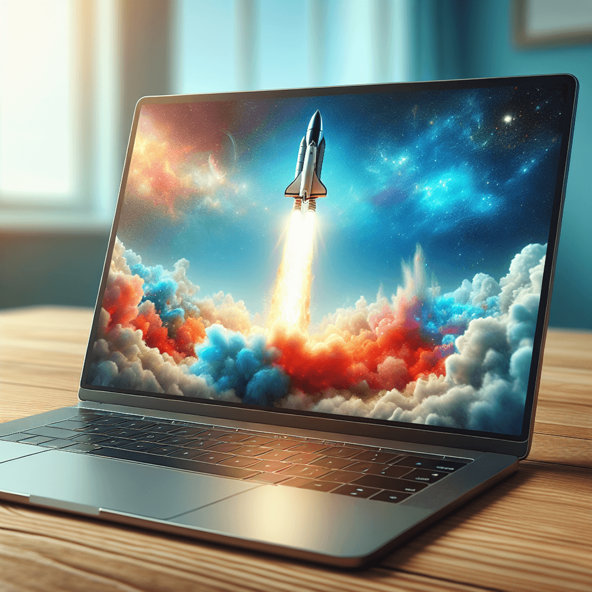 A grey laptop on a wooden desk displaying a rocket launching into a bright, blue sky with billowing smoke and flames.