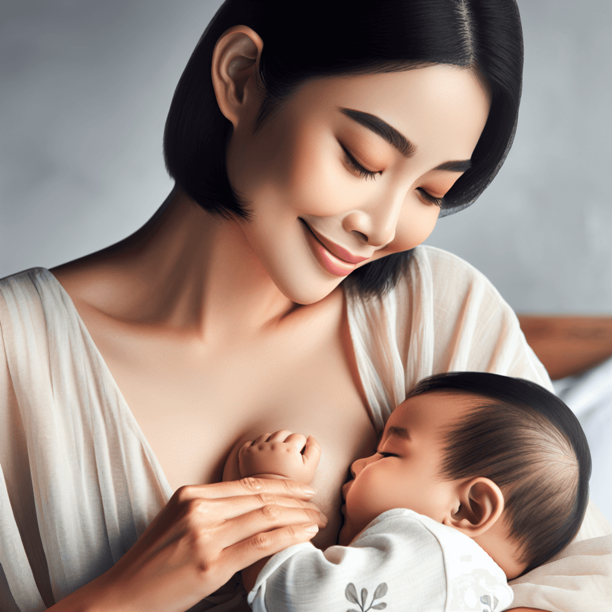 A serene scene depicting a content Asian mother breastfeeding her infant in a softly lit, cozy room. The mother, with a gentle smile and relaxed posture, cradles her baby close to her chest, showcasing a strong bond. Natural light filters through a nearby window, casting a warm glow around them. Subtle symbols of health and vitality are integrated into the background, such as vibrant plants and healthy snacks on a table, enhancing the nurturing atmosphere without text. The image captures the essence of motherhood and the intimate act of breastfeeding in hyperrealistic detail.