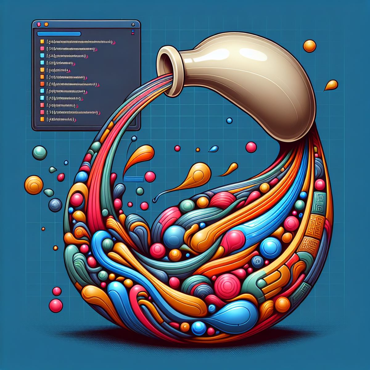 A contoured flask pouring out colorful patterns and shapes representing HTML templates rendered by the Flask framework.