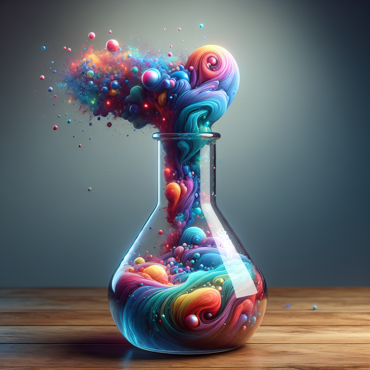 A glass science flask filled with swirling colors and shapes, representing creativity and innovation.