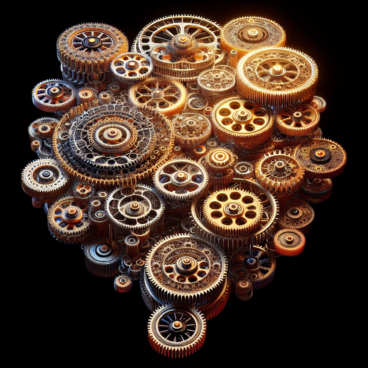 A complex assembly of interconnected gears, each representing a web application, perfectly meshed together, working in stunning harmony to illustrate seamless communication via RESTful APIs.