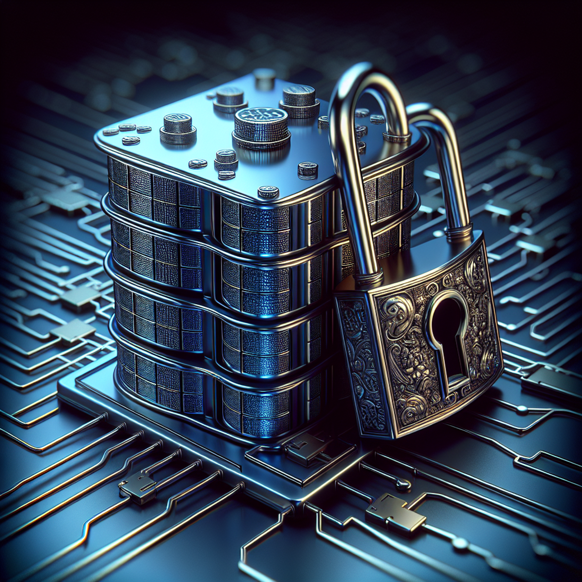 A close-up of a metallic lock secured on a maze-like database with a circuit-patterned backdrop.