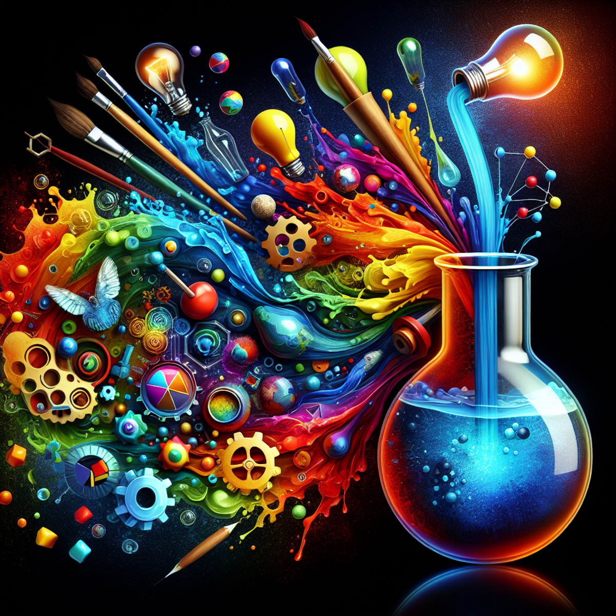 A laboratory flask pouring out colorful elements symbolizing creativity and innovation.