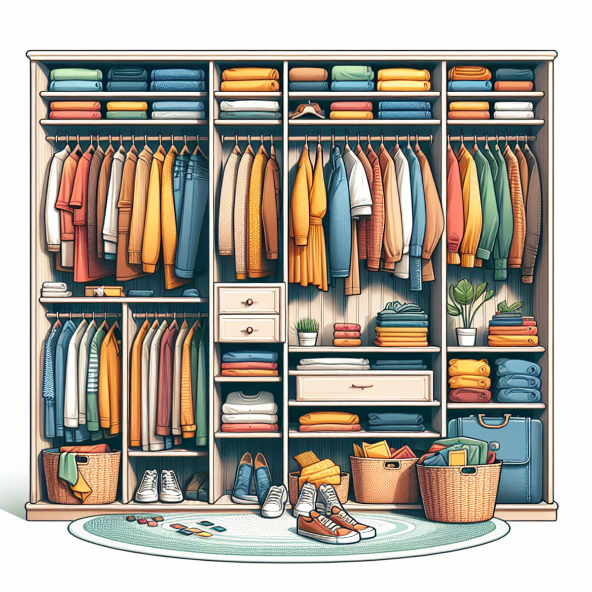 A neatly organized wardrobe filled with colorful dresses, shirts, and jeans, showcasing the concept of sustainable fashion through harmony and balance in colors and patterns.