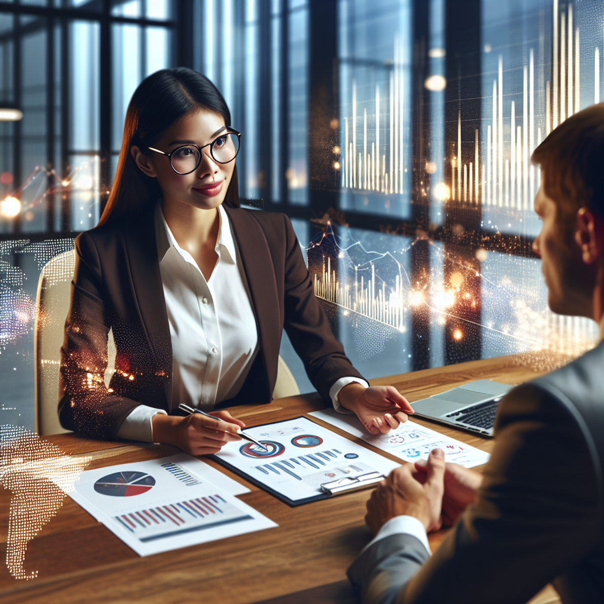 A professional East Asian female financial advisor in business attire, with glasses, sitting at a mahogany desk filled with charts and graphs symbolizing financial growth, guiding a white male client wearing a smart casual outfit who is interactively engaging in the discussion. Both are in a brightly lit modern office room, surrounded by a glowing ambiance symbolizing financial success.