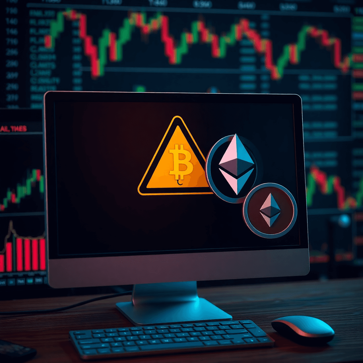 A computer screen displays a warning sign alongside cryptocurrency symbols, with financial charts in the background, emphasizing vigilance in digital currency investments.