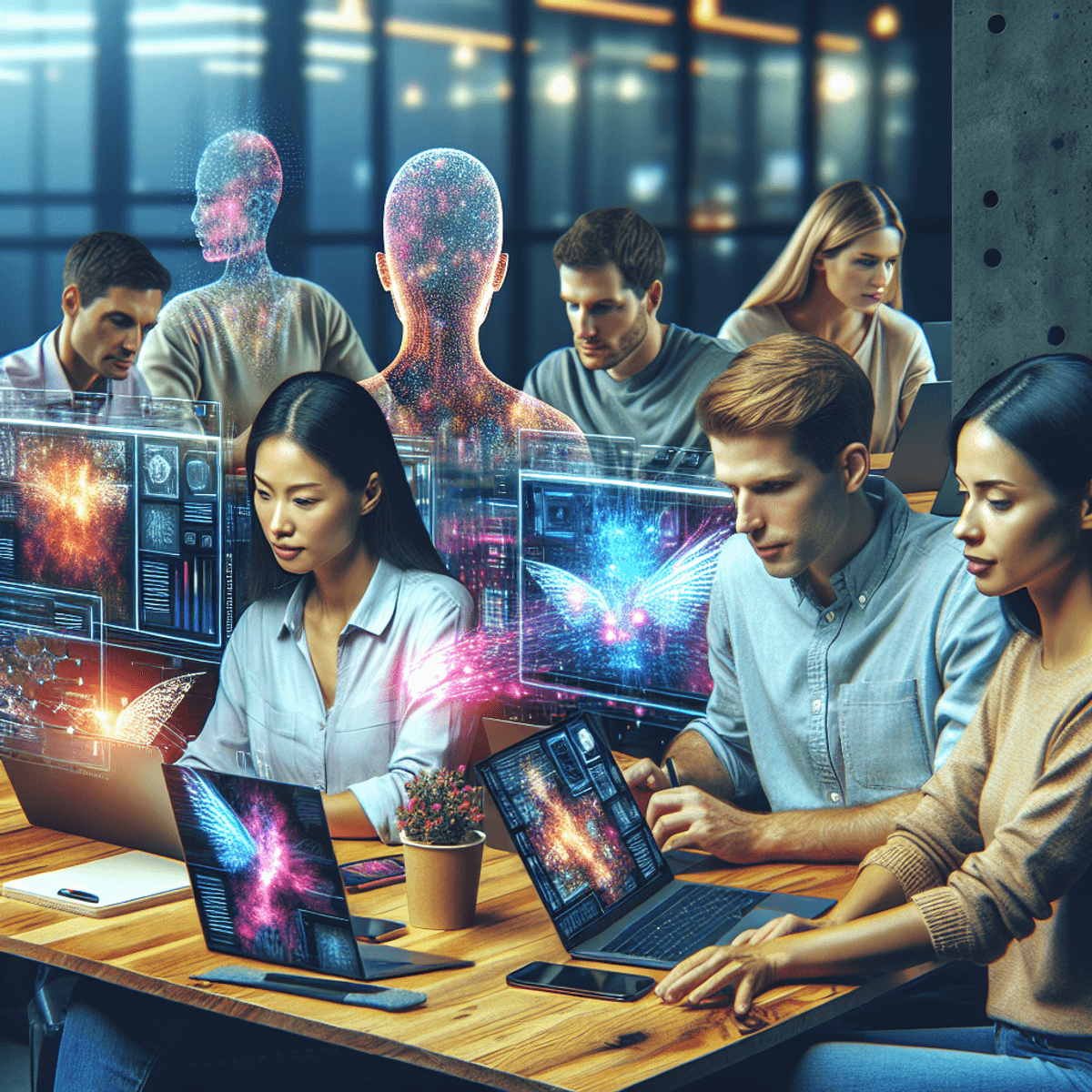 A diverse group of individuals, including a Caucasian woman and an Asian man, collaborating in a contemporary workspace, deeply engaged in a brainstorming session with laptops open. The screens display abstract graphics and visualizations related to AI and no-code tools, highlighting their dynamic exchange of ideas. The atmosphere is vibrant and innovative, emphasizing the empowerment of non-technical users in the AI landscape.