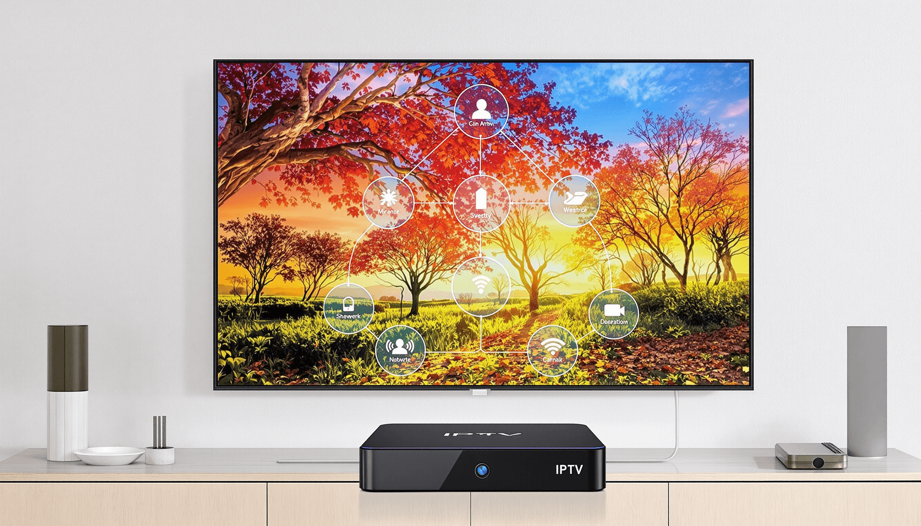 IPTV Box – Stream HD Live TV with the Best IPTV Devices 2025 1 A sleek IPTV streaming box connected to a flat-screen TV showing vibrant HD content with digital network icons indicating internet connectivity.