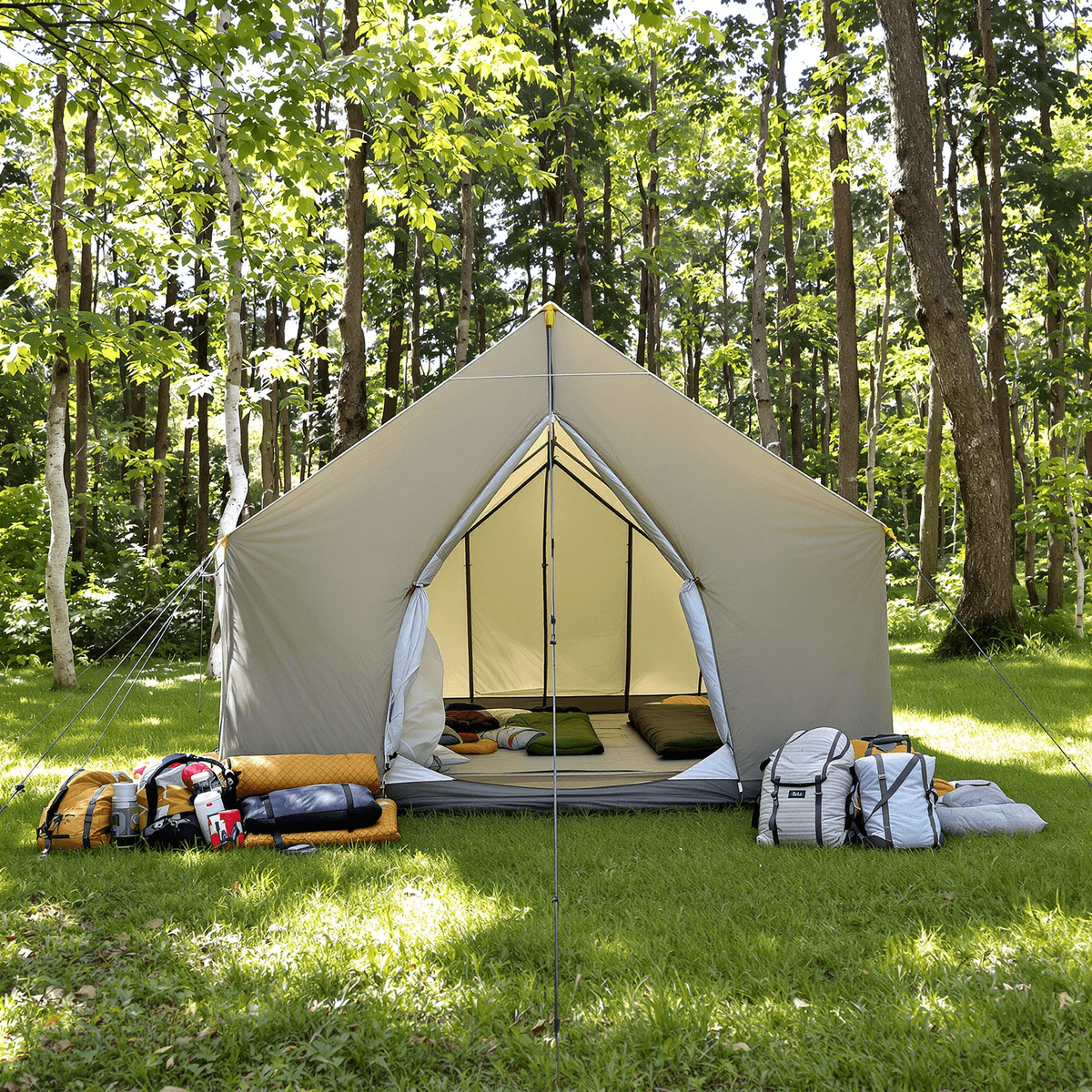 Spacious cabin tent in a sunlit forest clearing with camping gear on green grass, surrounded by trees and soft natural light.