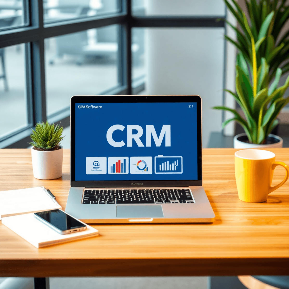 A modern office workspace with a laptop showing CRM software, a notepad, smartphone, and coffee cup, all in bright colors to convey productivity and success.