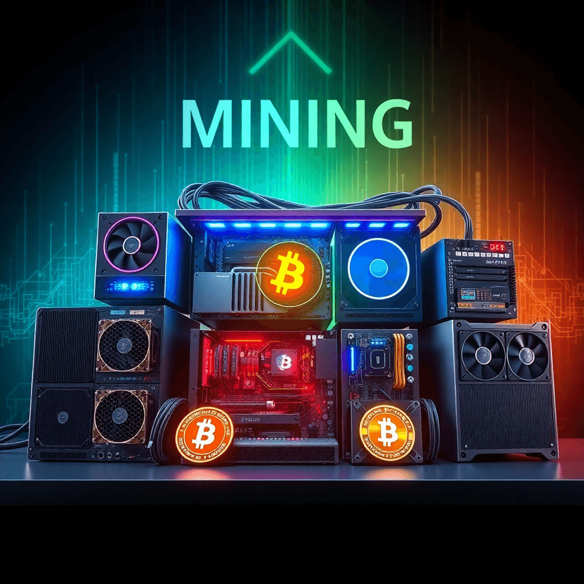 A vibrant cryptocurrency mining rig setup with various ASIC and GPU hardware, set against a digital-themed background featuring blockchain elements.