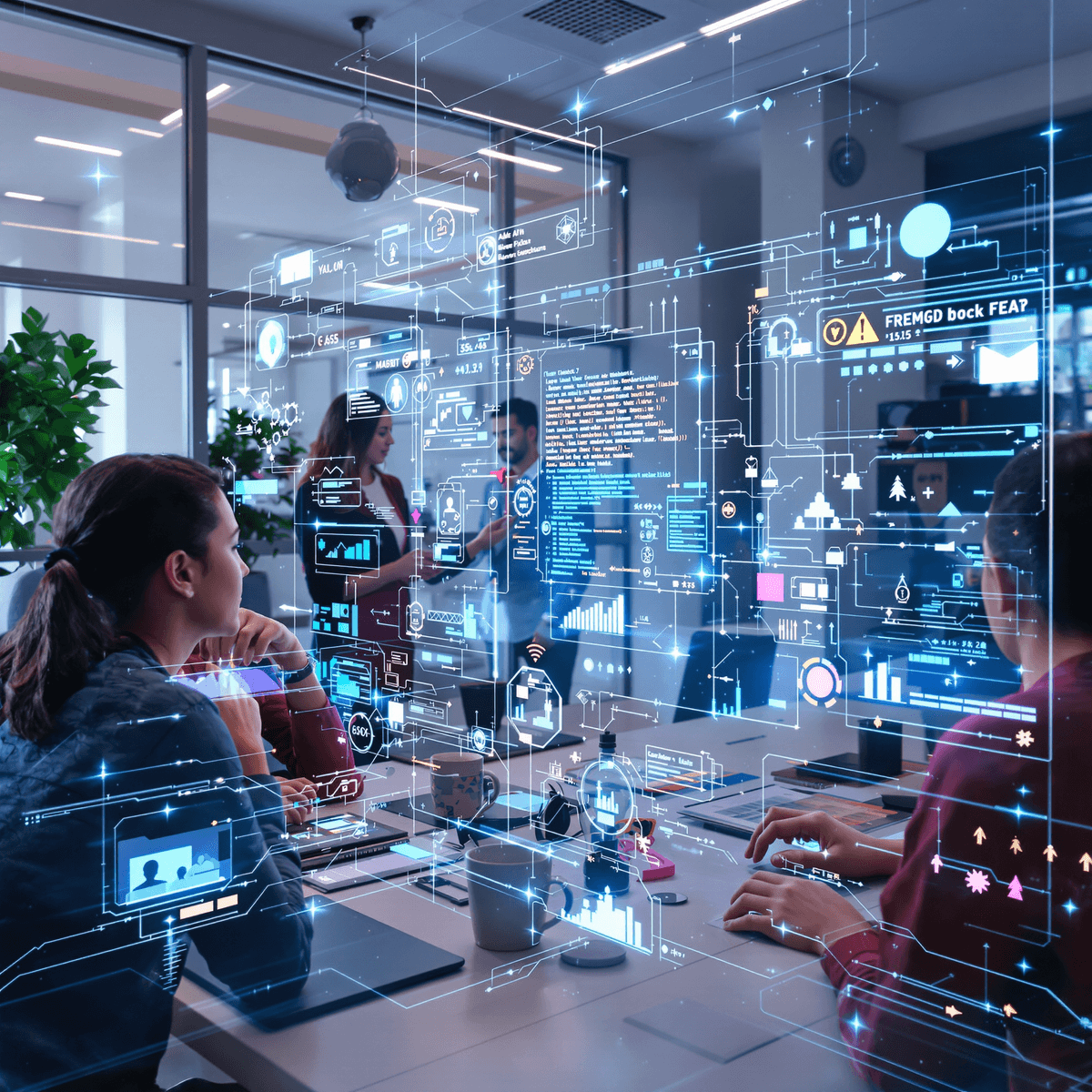 Tech professionals, AI-powered, Tech Tech professionals collaborating with AI-powered holographic interfaces displaying code and data in a futuristic office setting.