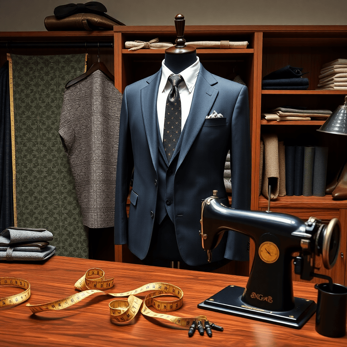 A chic tailor's workspace with a sewing machine, measuring tape, fabric swatches, and a tailored suit on a mannequin, showcasing the art of bespoke tailoring.