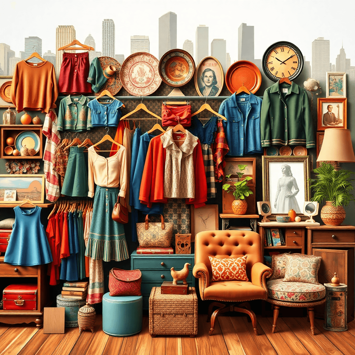 10 Best Thrift Stores in Chicago for Amazing Finds 2 A colorful collage of thrift store treasures, including vintage clothes, unique decor, eclectic furniture, and a glimpse of Chicago's skyline in the background.