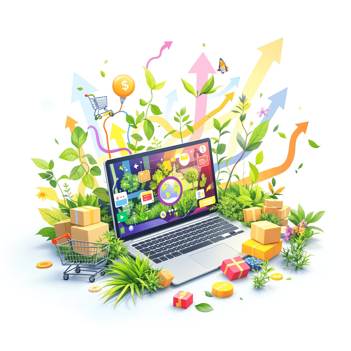Boost Your Dropshipping Sales with These Organic Marketing Strategies 1 Laptop surrounded by shopping icons and growing plants on a bright background with arrows symbolizing growth and success in e-commerce.