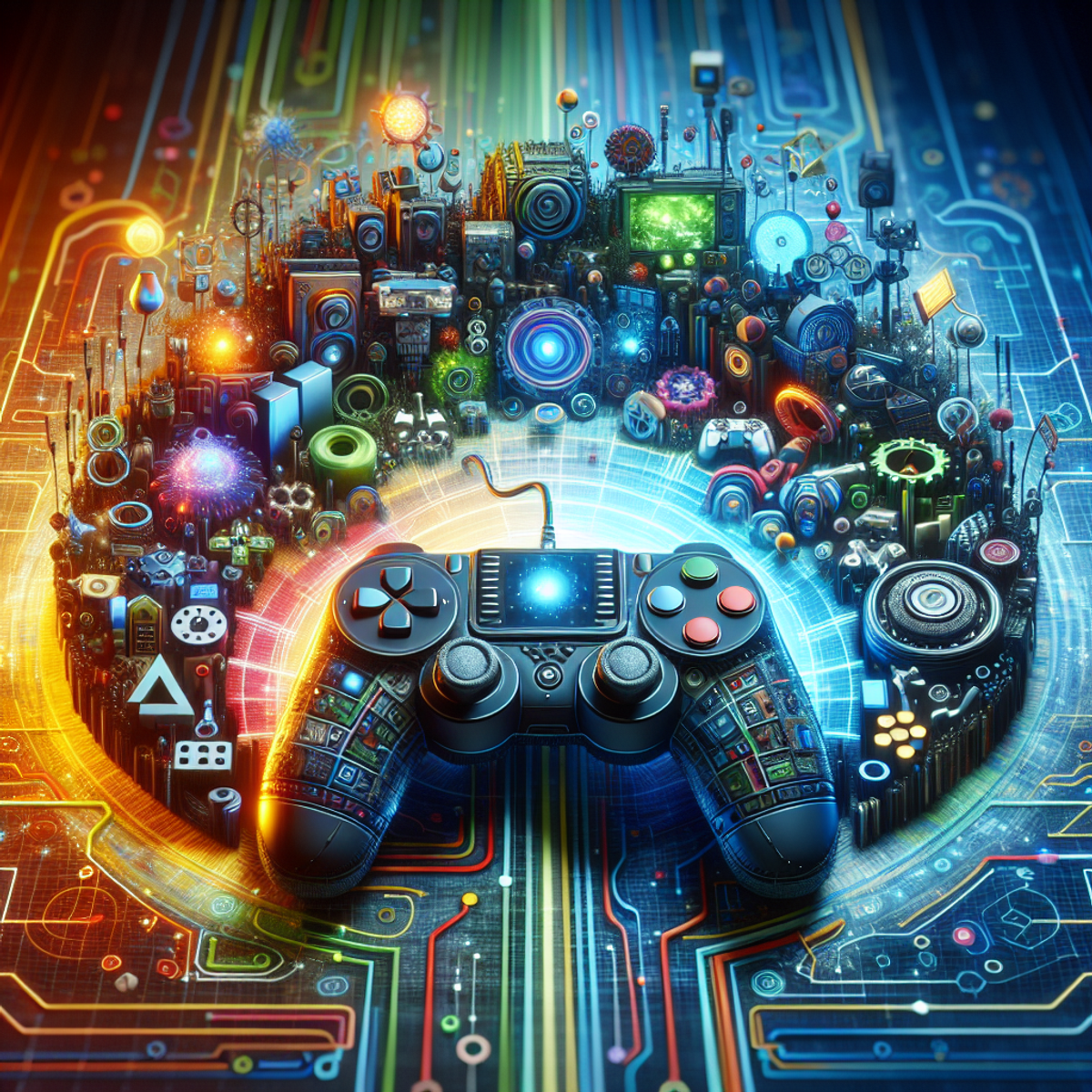 A futuristic video game controller surrounded by vibrant, lively visuals symbolizing the contribution of artificial intelligence in creating interactive video game trailers.