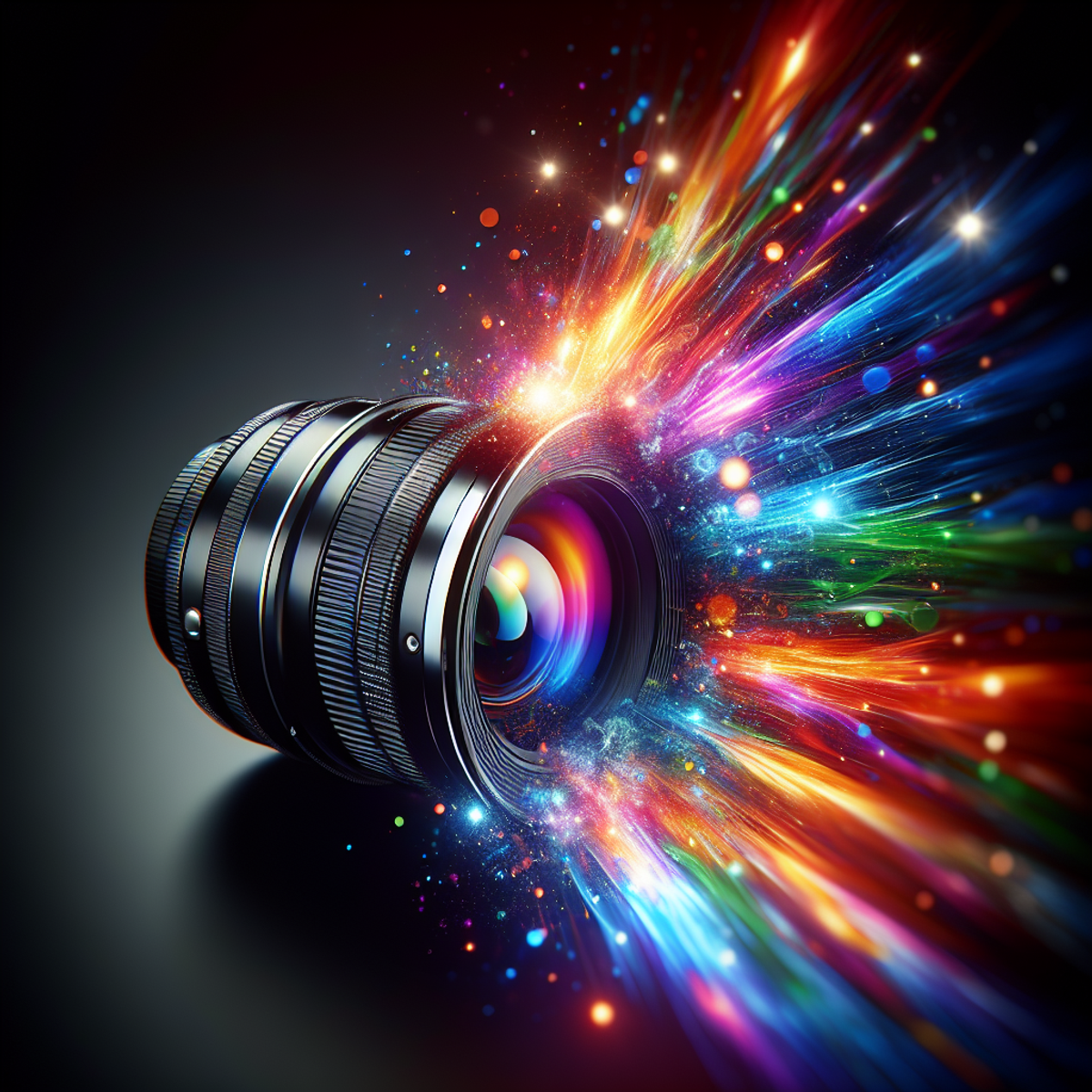 A close-up image of a camera lens bursting with vibrant colors.