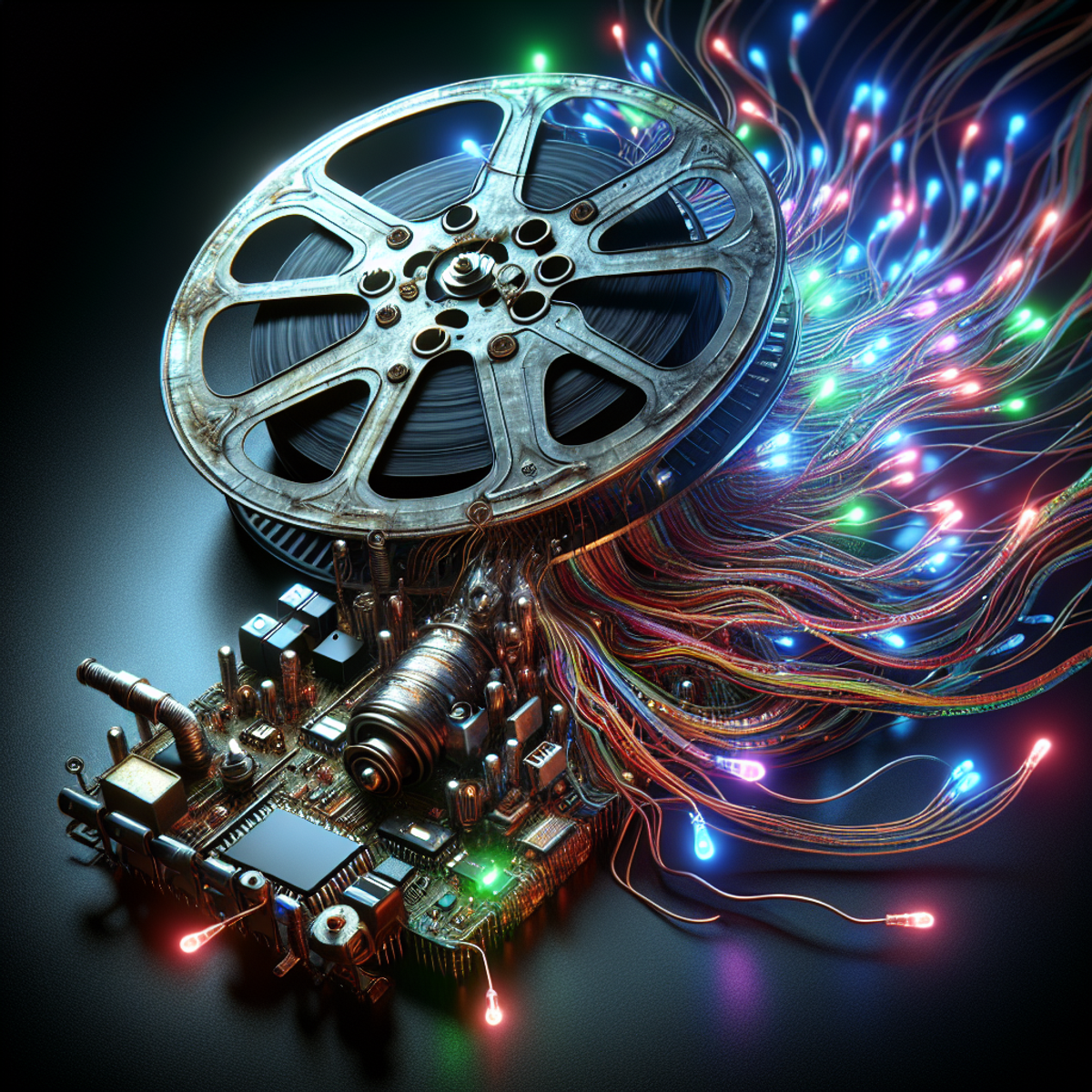 A film reel entwined with circuitry and nanochips, symbolizing the fusion of technology and filmmaking in a futuristic world.