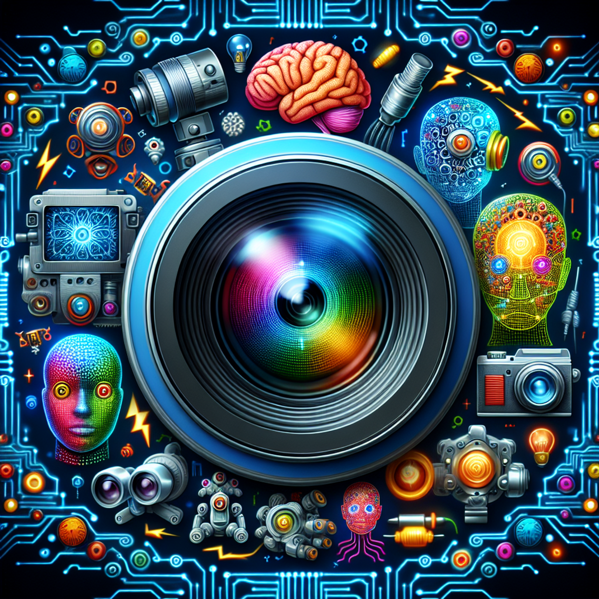 A digital illustration of a video camera lens surrounded by robotic heads, circuit patterns, stylized brains with electrical impulses, and other technological motifs.