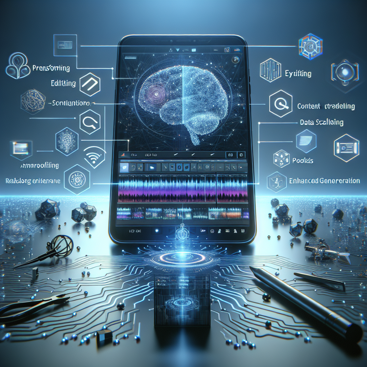 A smartphone with a video editing interface on the screen, surrounded by neural networks and data streams, symbolizing the transformative power of AI in mobile video editing applications.