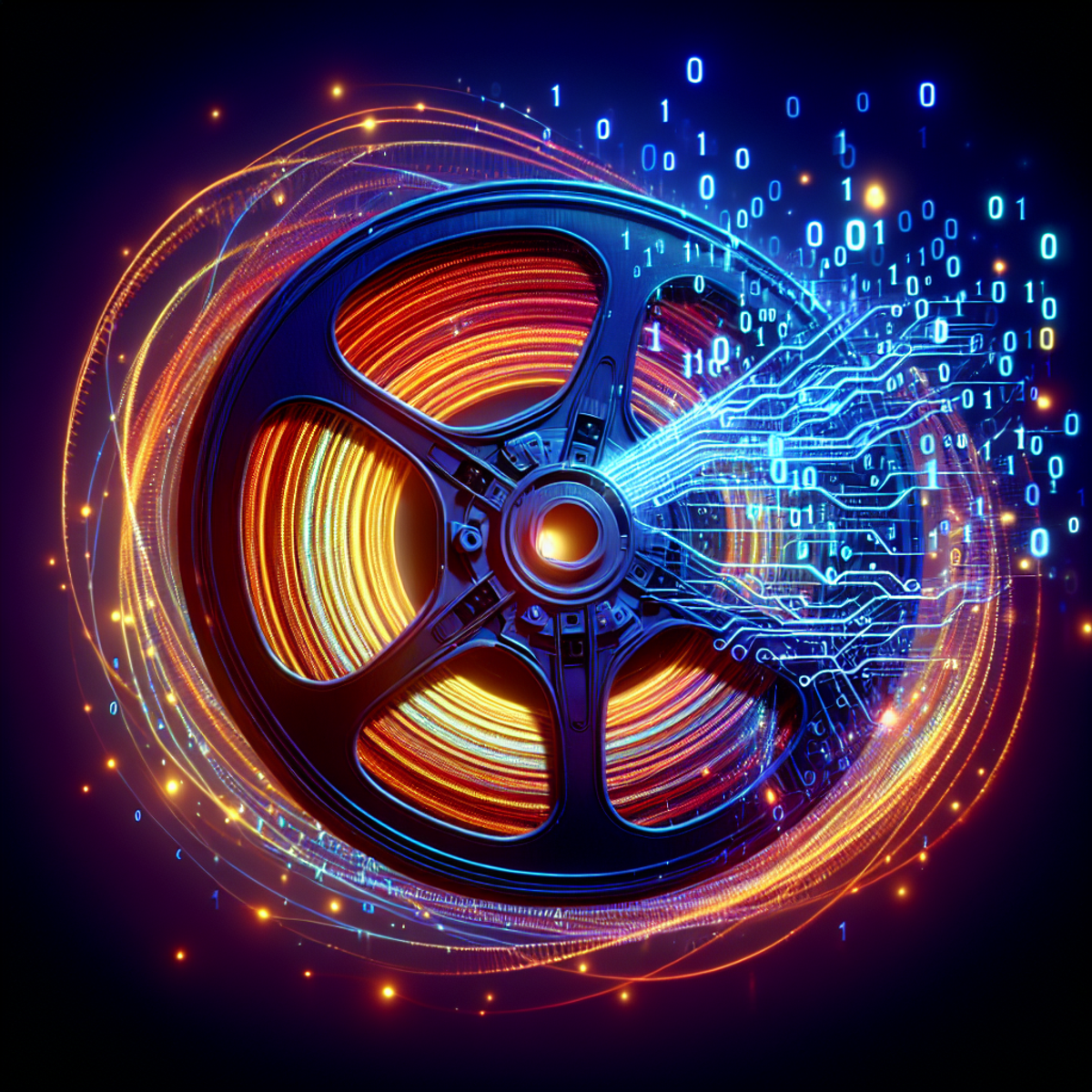 A close-up of a film reel with intertwining lines resembling binary code.