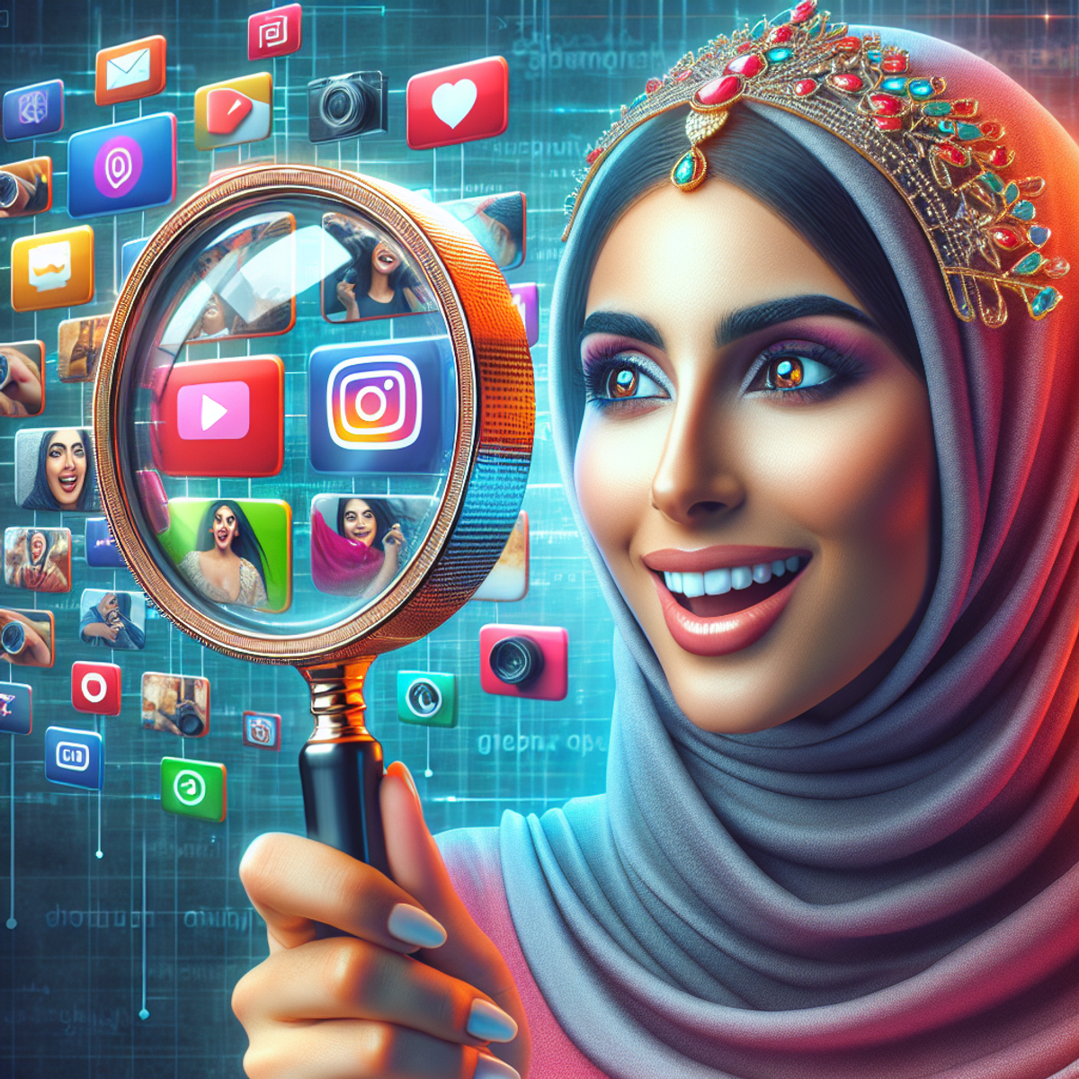 A Middle-Eastern woman with a look of excitement and discovery on her face, holding a magnifying glass. Reflecting in the magnifying glass are thumbnails of various kinds of videos, representing a variety of genres and topics, with emphasis on brightly colored images and icons rather than discernable text.