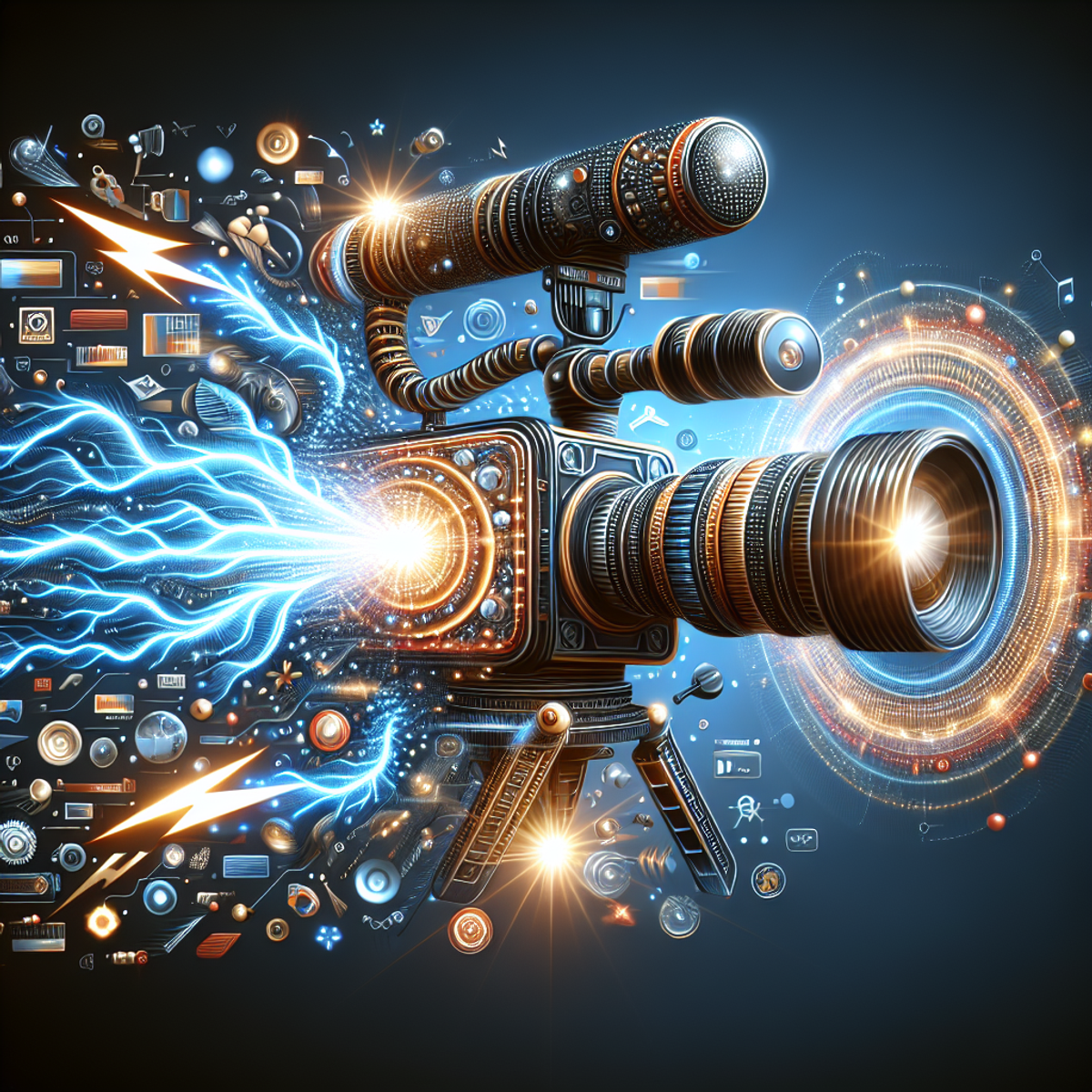 Alt text: A detailed image of a video camera surrounded by abstract shapes, with a bright electric lightning bolt symbolizing speed and efficiency.