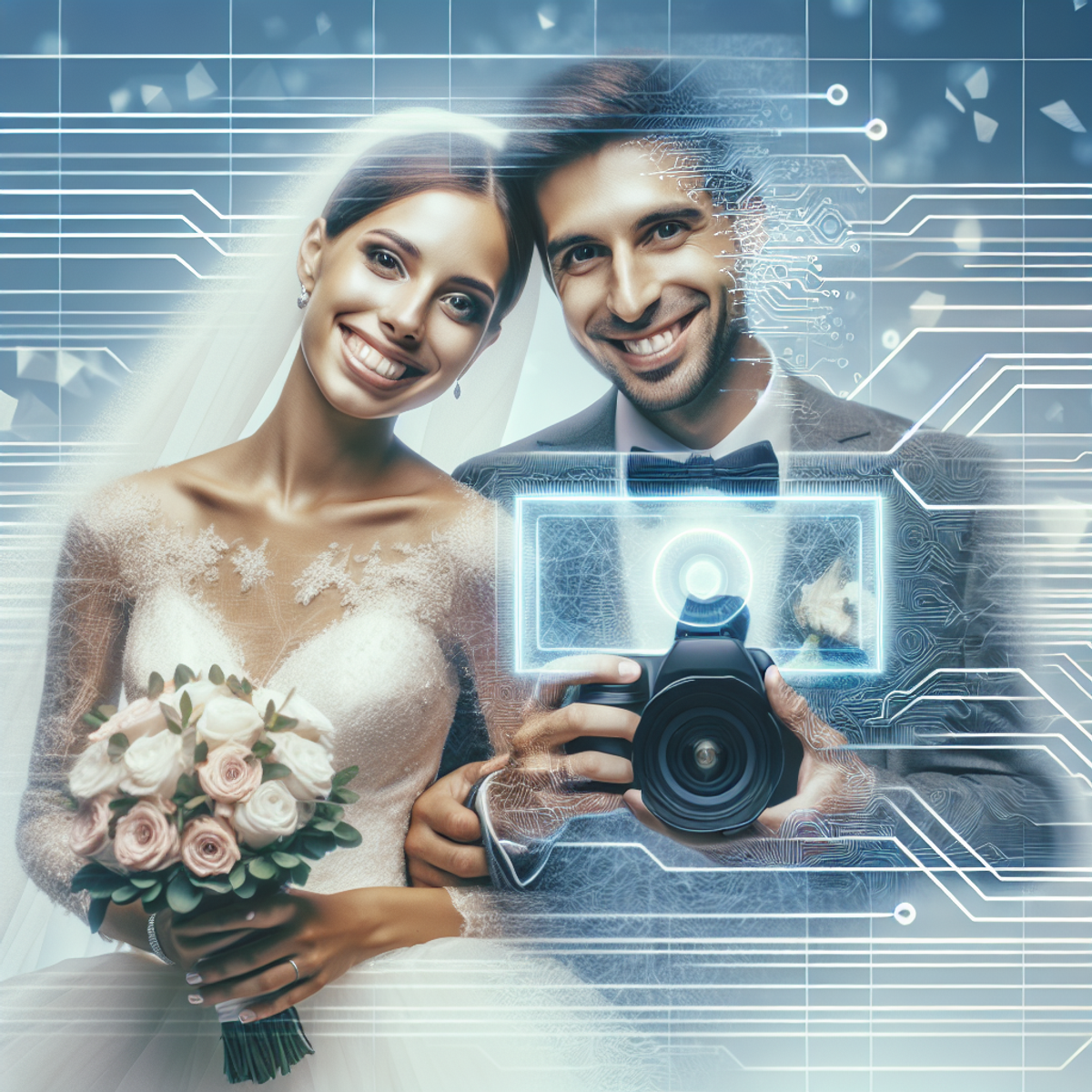 A bride and groom of Hispanic and Caucasian descent stand together, surrounded by digital effects and circuit patterns, symbolizing the future of AI in wedding video storytelling. The groom operates a futuristic, AI-generated camera, showcasing the seamless blending of human creativity and cutting-edge digital technology.