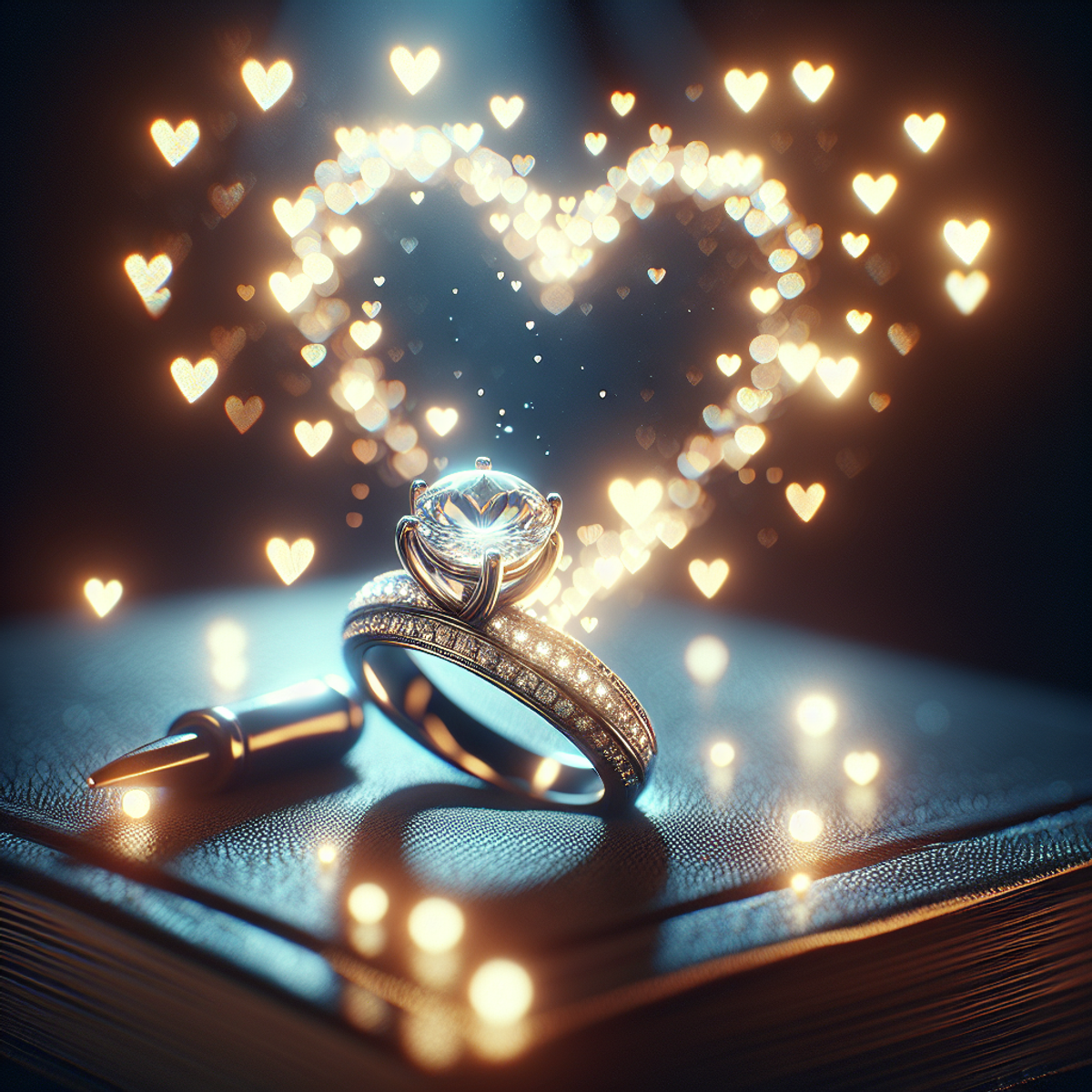 A close-up photograph of a wedding ring with a heart-shaped bokeh effect in the background.