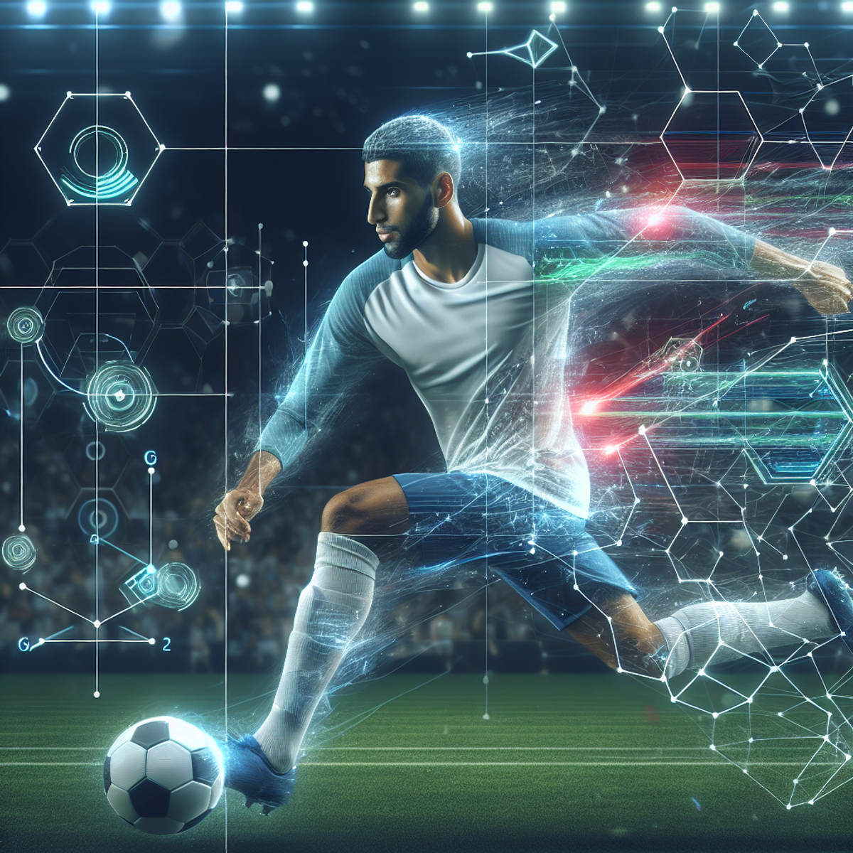 A Middle-Eastern male soccer player engaged in a match, surrounded by holographic AI algorithm symbols representing the integration of technology in sports analysis.