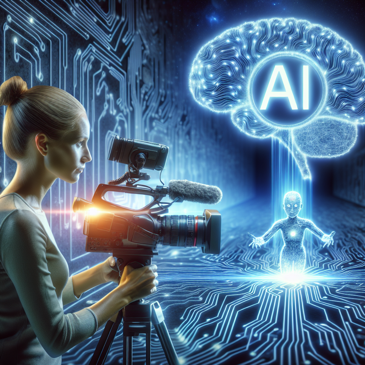 A woman holding a professional video camera with an AI symbol radiating energy and creativity above her.