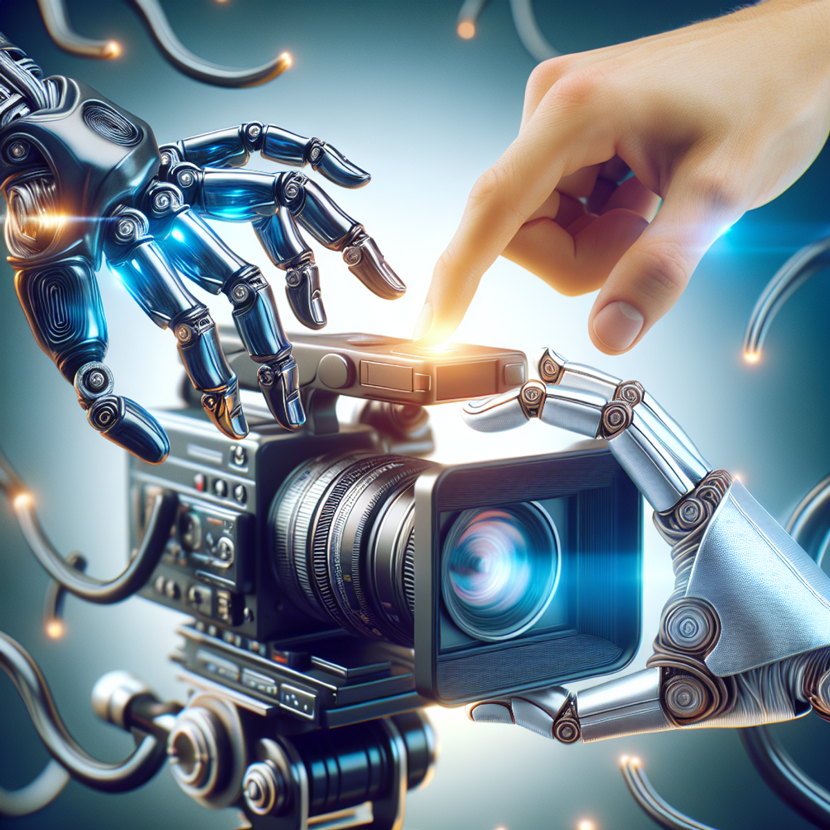 A Caucasian human hand and a metallic robotic hand working together to operate a video camera.