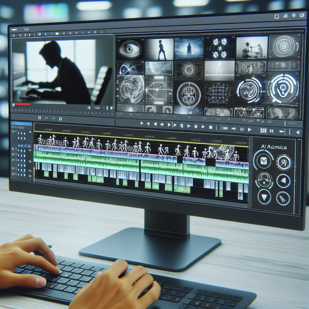 A close-up image of a computer screen displaying a video editing software interface with a timeline filled with various clips, edits, and symbols representing AI automation in video editing and proofreading tasks.