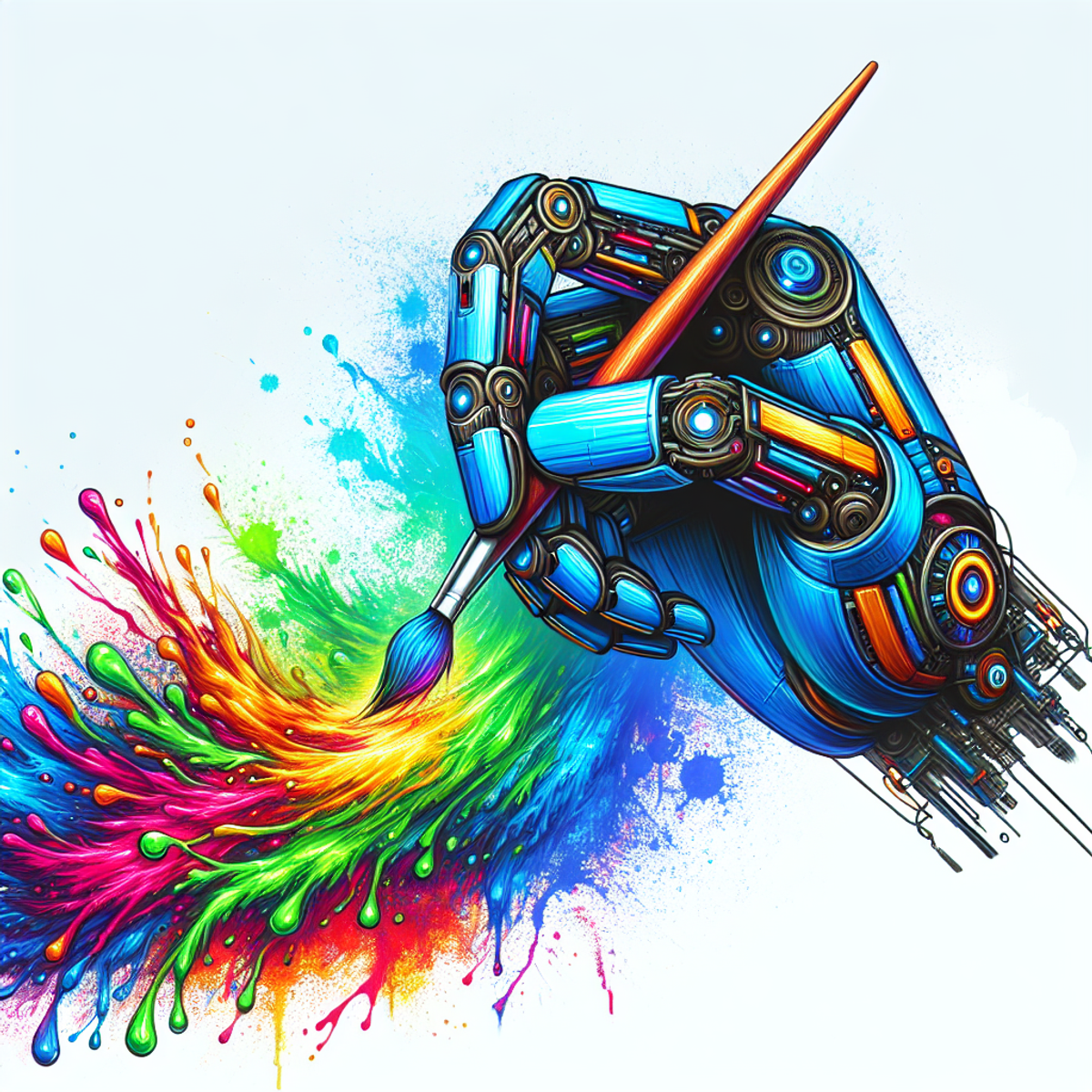 A robotic hand holding a paintbrush, creating vibrant colorful strokes on an abstract canvas.