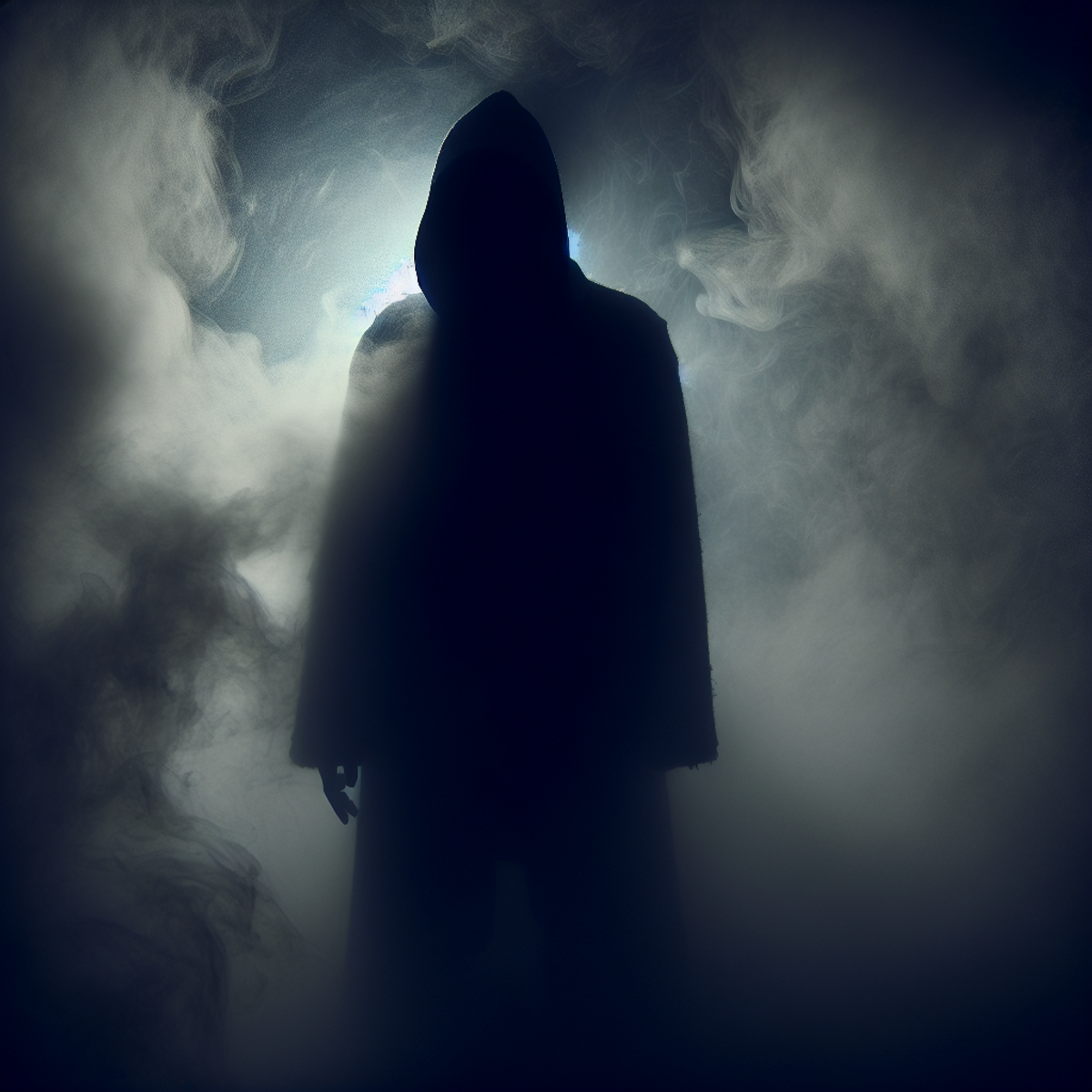 A shadowy figure emerging from dense fog.