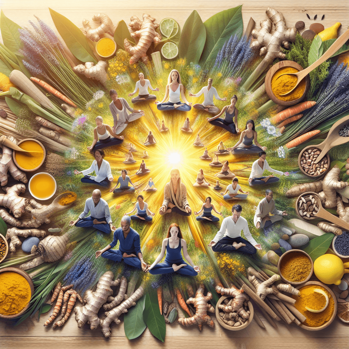 Sinusitis Migraine Treatment Center 9 A serene outdoor scene featuring a diverse group of people practicing yoga and meditation. The group includes Caucasian, Asian, and Hispanic individuals, all engaged in peaceful activities on a grassy area surrounded by vibrant herbal plants and turmeric roots. Soft sunlight filters through the trees, creating a warm and inviting atmosphere that promotes tranquility and holistic health. The expressions of the participants reflect calmness and mindfulness, enhancing the overall sense of wellness in the image.