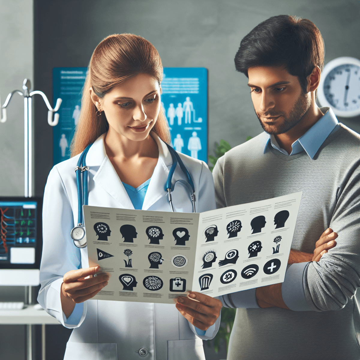 Sinusitis Migraine Treatment Center 10 A Caucasian female physician and a male Hispanic patient are engaged in a conversation in a bright, welcoming health clinic. They are examining a brochure that features symbols and graphics related to migraine and sinus headache management. Both individuals display attentive and concerned expressions, emphasizing a proactive approach to healthcare. The background includes typical medical equipment like a blood pressure monitor, stethoscope, and computer, highlighting the modernity of the clinic.