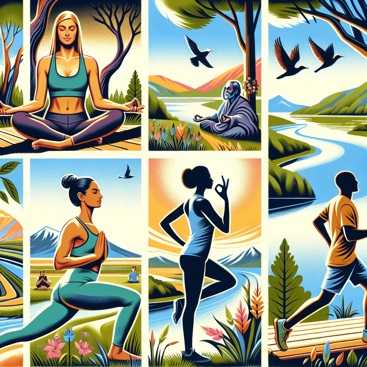 Sinusitis Migraine Treatment Center 11 An eclectic group of individuals engaged in health-promoting activities in a serene natural setting, featuring a Caucasian woman practicing yoga on a grassy area, a Hispanic man sitting cross-legged in meditation nearby, and another person jogging along a trail with trees and a tranquil lake in the background. The scene embodies wellness and harmony, surrounded by lush greenery and distant mountains, blending artistic vision with realistic elements.