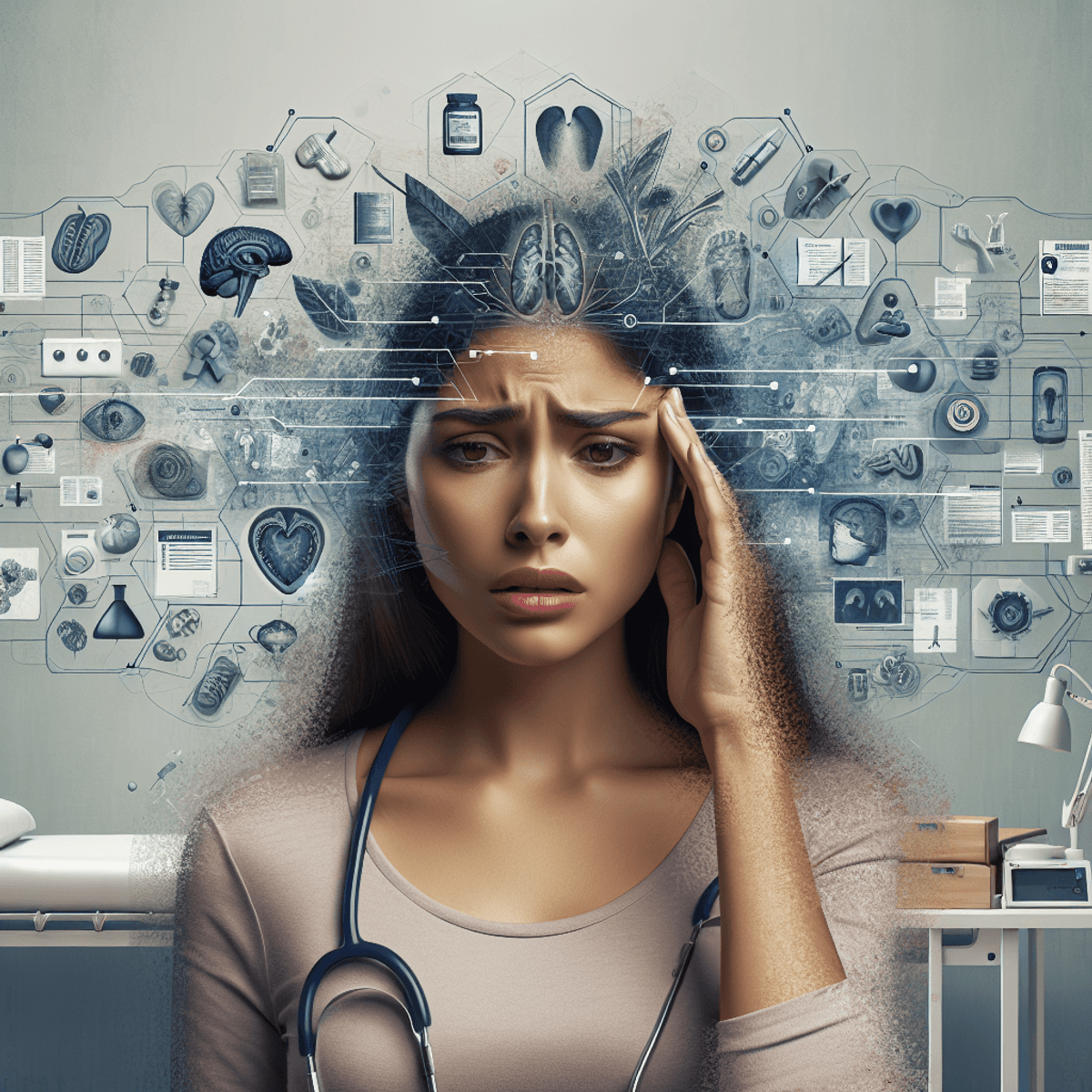 Sinusitis Migraine Treatment Center 4 A concerned Hispanic woman holds her head in pain, surrounded by a medical office setting featuring a stethoscope, medical reports, and an examination bed, symbolizing the connection between migraines and sinus headaches.