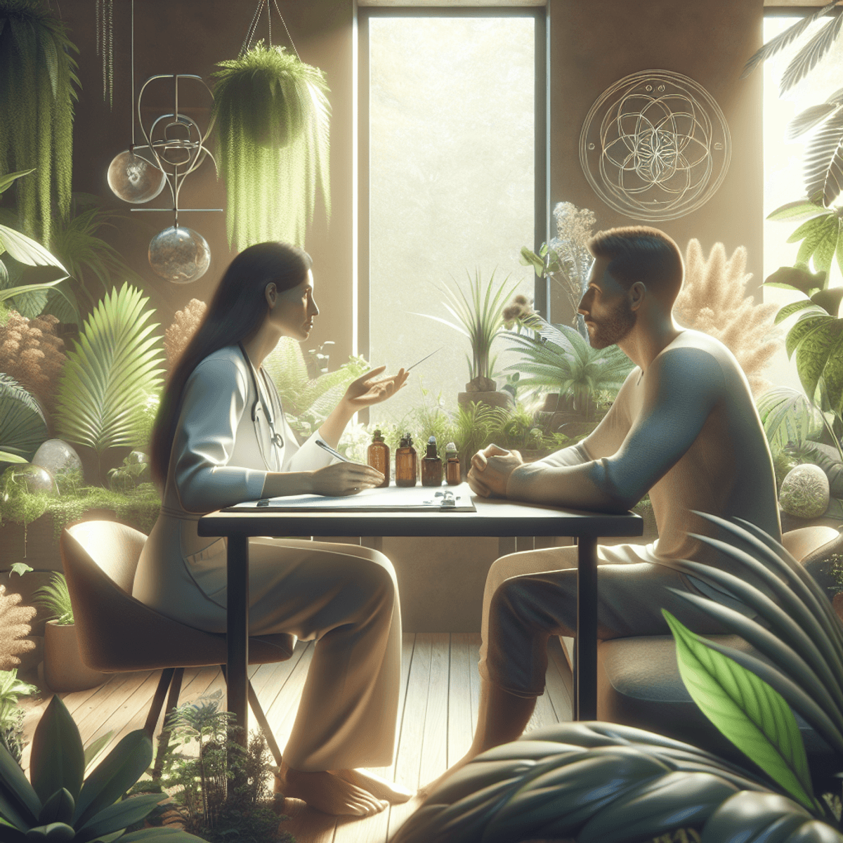 Sinusitis Migraine Treatment Center 8 A serene wellness consultation scene featuring a Caucasian female naturopath and a Hispanic male client engaged in conversation. They are surrounded by lush, vibrant plants that enhance the atmosphere of natural healing. Soft, warm natural light filters through the space, creating an inviting ambiance. Various wellness materials, such as jars of herbs and essential oils, are subtly placed around them, with no visible text, emphasizing the holistic health theme and personalized care approach.
