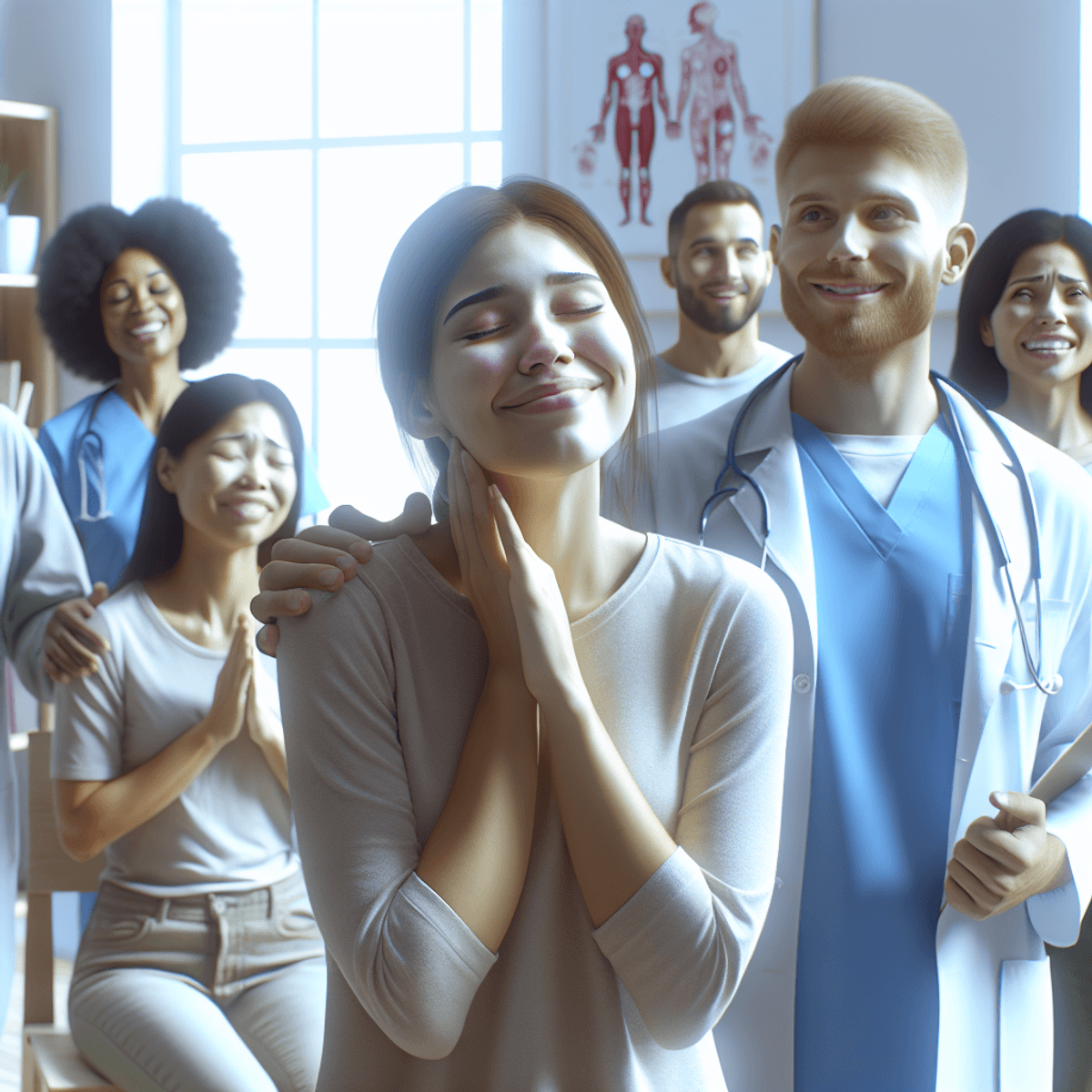 Sinusitis Migraine Treatment Center 3 A diverse group of individuals, including a Caucasian woman and an Asian man, express relief and happiness in a bright, inviting medical office decorated in calming colors. The atmosphere conveys comfort and hope for those seeking migraine treatment.