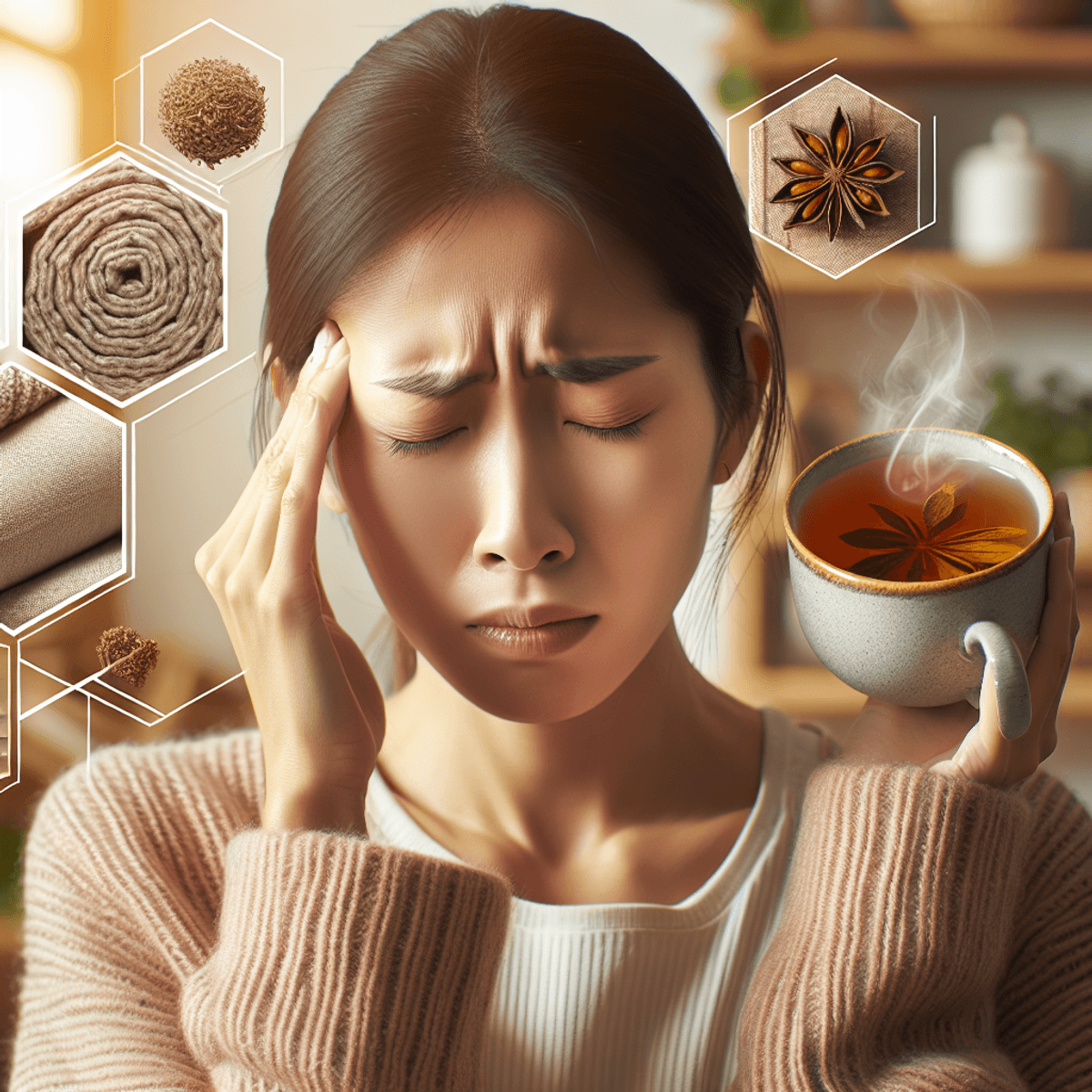 Sinusitis Migraine Treatment Center 2 A concerned Asian woman sitting on a cozy couch, her hand resting on her forehead in discomfort, surrounded by a warm home environment. Soft, gentle lighting fills the room, highlighting the snug blanket draped over her lap. A steaming cup of herbal tea sits on a nearby table in a simple ceramic mug, adding to the soothing atmosphere. The background features plush pillows and a softly patterned rug, all contributing to a comforting ambiance that suggests relief and tranquility.