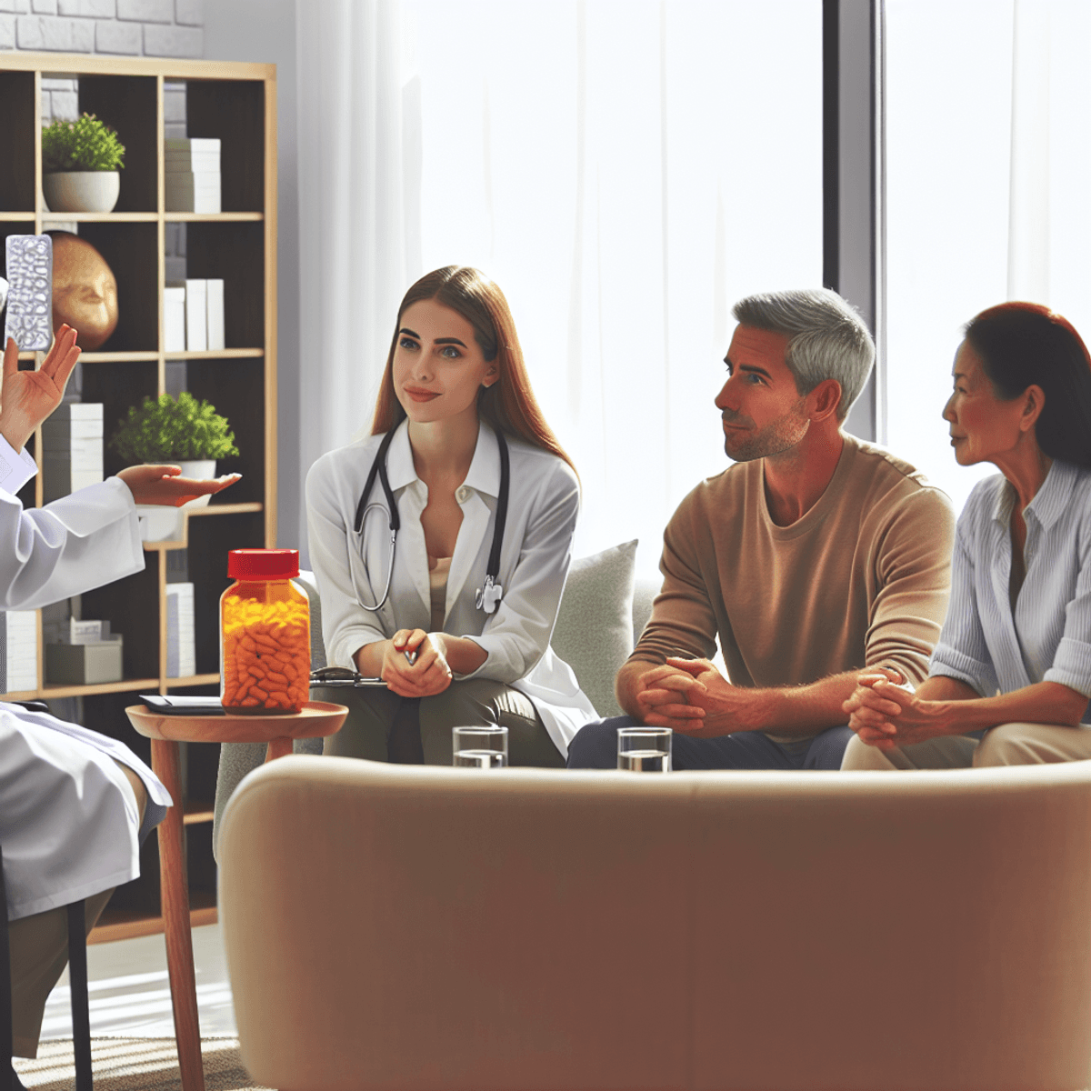 Sinusitis Migraine Treatment Center 6 A diverse group of individuals, including a Caucasian woman and an Asian man, seated in a cozy healthcare environment, engaged in a discussion about migraine management alternatives. The setting features plush chairs in warm colors, creating a comfortable atmosphere. A side table displays recognizable over-the-counter headache medication containers. A friendly healthcare practitioner is actively participating in the conversation with the patients, fostering a supportive dialogue.