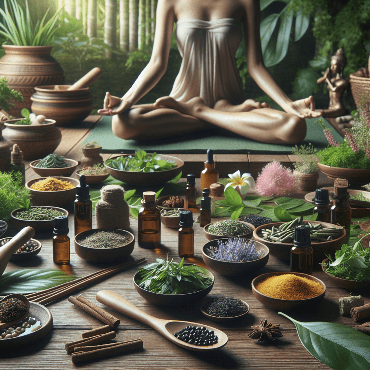 Sinusitis Migraine Treatment Center 7 A serene Asian woman practicing yoga in a tranquil natural setting, surrounded by vibrant herbs and essential oils displayed in decorative jars. The scene captures the essence of holistic health, featuring lush greenery and soft sunlight filtering through leaves, creating a peaceful atmosphere that symbolizes wellness and traditional Ayurvedic practices.