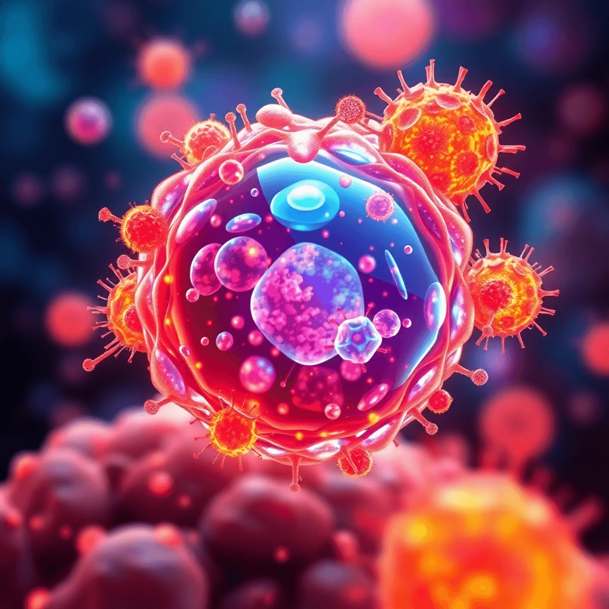 When The Human Body is Hungry 2 एक अमूर्त चित्रण जिसमें स्वस्थ कोशिकाएँ नवीनीकरण और परिवर्तन कर रही हैं, जबकि अस्वस्थ कोशिकाएँ समाप्त हो रही हैं। चित्र में जीवन्तता और स्वास्थ्य का प्रतीक रंग हैं।