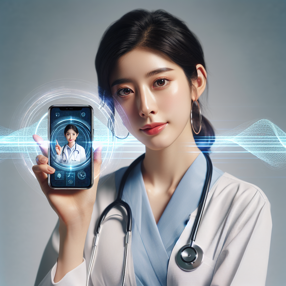 An East Asian female doctor holding a smartphone with caring expression.