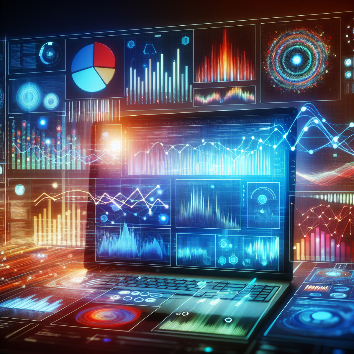 Vibrant data visualization display with colorful charts and graphs in a realistic computer screen setting.