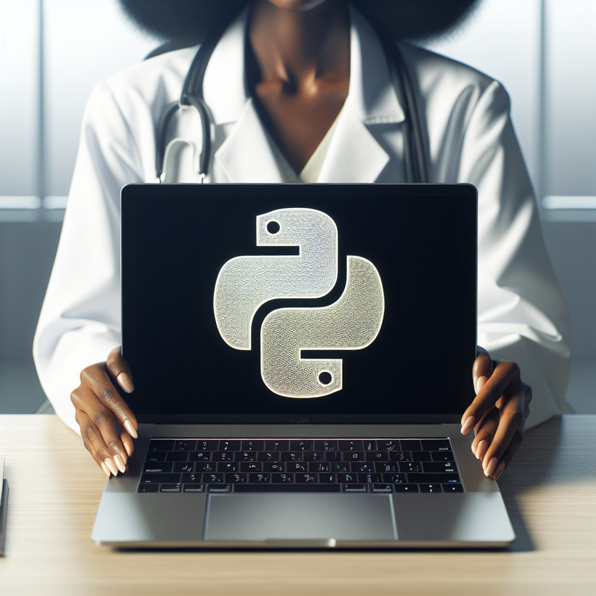 A black female doctor sitting at her office desk, holding a laptop with the Python programming language logo on the screen.