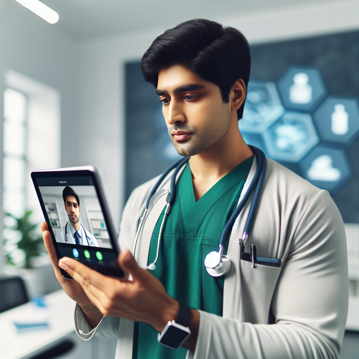 A South Asian male doctor in green scrubs and a white coat, holding a modern tablet device with an indiscernible video call on the screen.