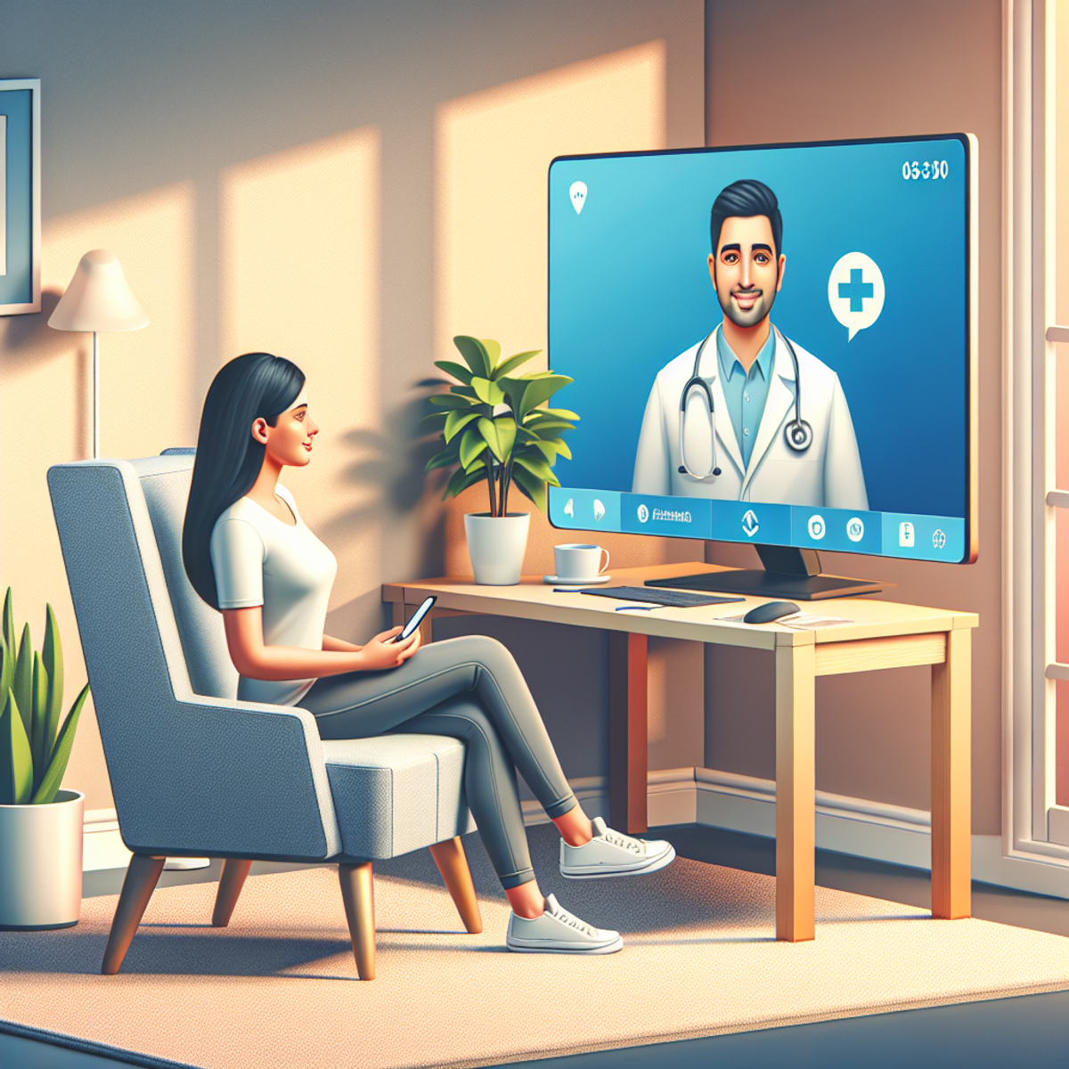 A South Asian female patient is comfortably seated at home, interacting with a virtual screen where a Middle-Eastern male doctor appears.